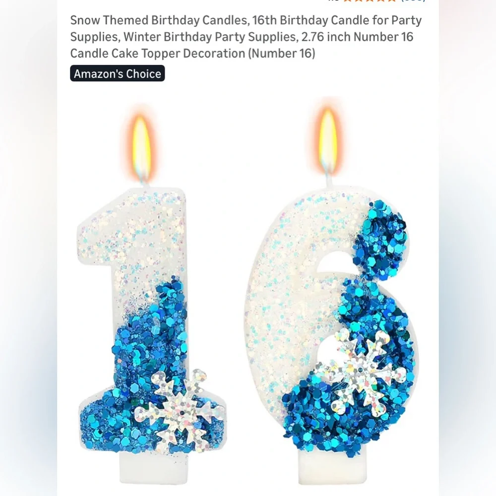 Snow Themed Blue and White Number 16 Birthday Candle